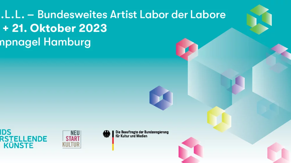 Tile with different colored diamonds distributed on the right side of the image and the following text: BALL - Bundesweites Artist Labor der Labore, October 20 and 21, 2023, Kamnagel Hamburg. Bottom right logos of the Fonds, Neustart Kultur and the Federal Government Commissioner for Culture and the Medi