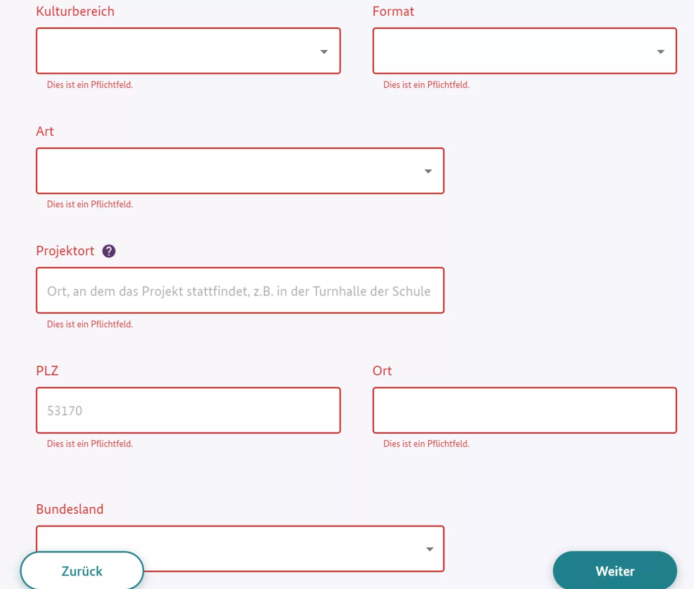 Fortsetzung der auszufüllenden Felder für das Projekt 1: Drop-Down Auswahl für Kulturbereich, Drop-Down-Auswahl für Format und Art, Projektort, PLZ, Ort, Bundesland.
