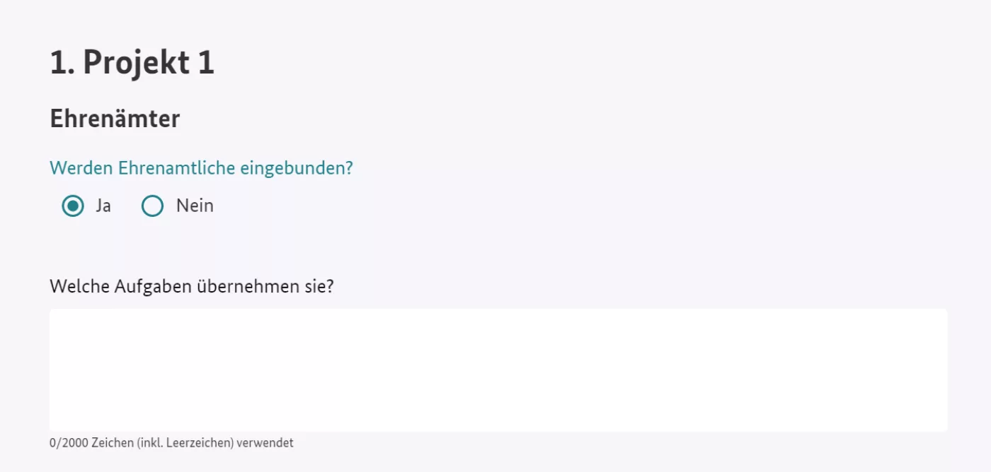 Bildschirmfoto der Check-Box zur Frage, ob Ehrenämter im Projekt eingebunden sind mit den Antwortoptionen „ja“ und „nein“. Zusätzlich ein Textfeld zur Darlegung, welche Aufgaben von ihnen übernommen werden.