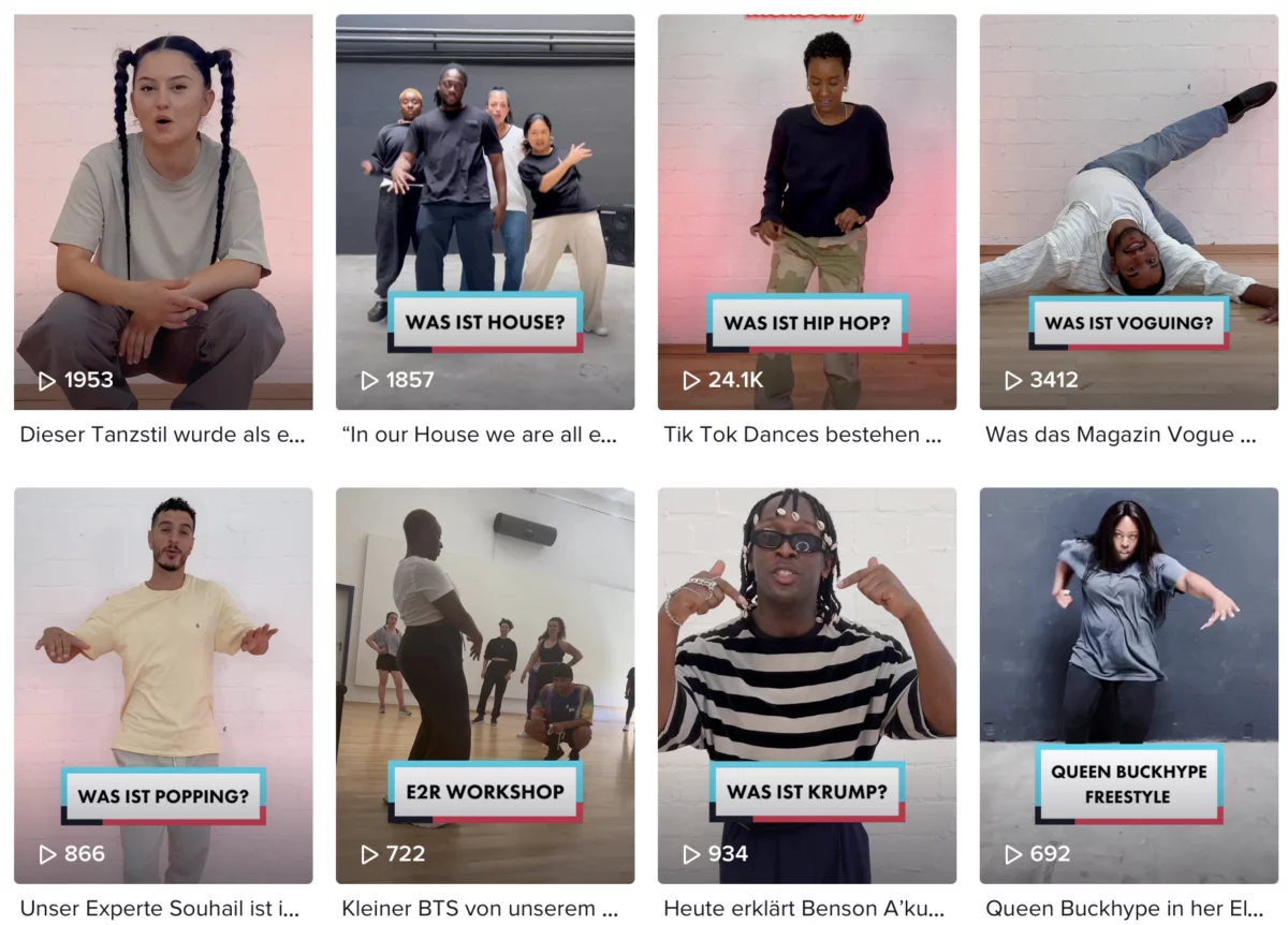 In zwei Reihen sind je vier Screenshots von Instagramm-Postings angeordnet, auf denen jeweils Tänzer*innen und Fragen, sowie Klickzahlen zu sehen sind. Die Fragen sind: Was ist House? Was ist Hip Hop? Was ist Voguing? Was ist Popping? E2R Workshop. Was ist Krump? Queen Buckhype Freestyle