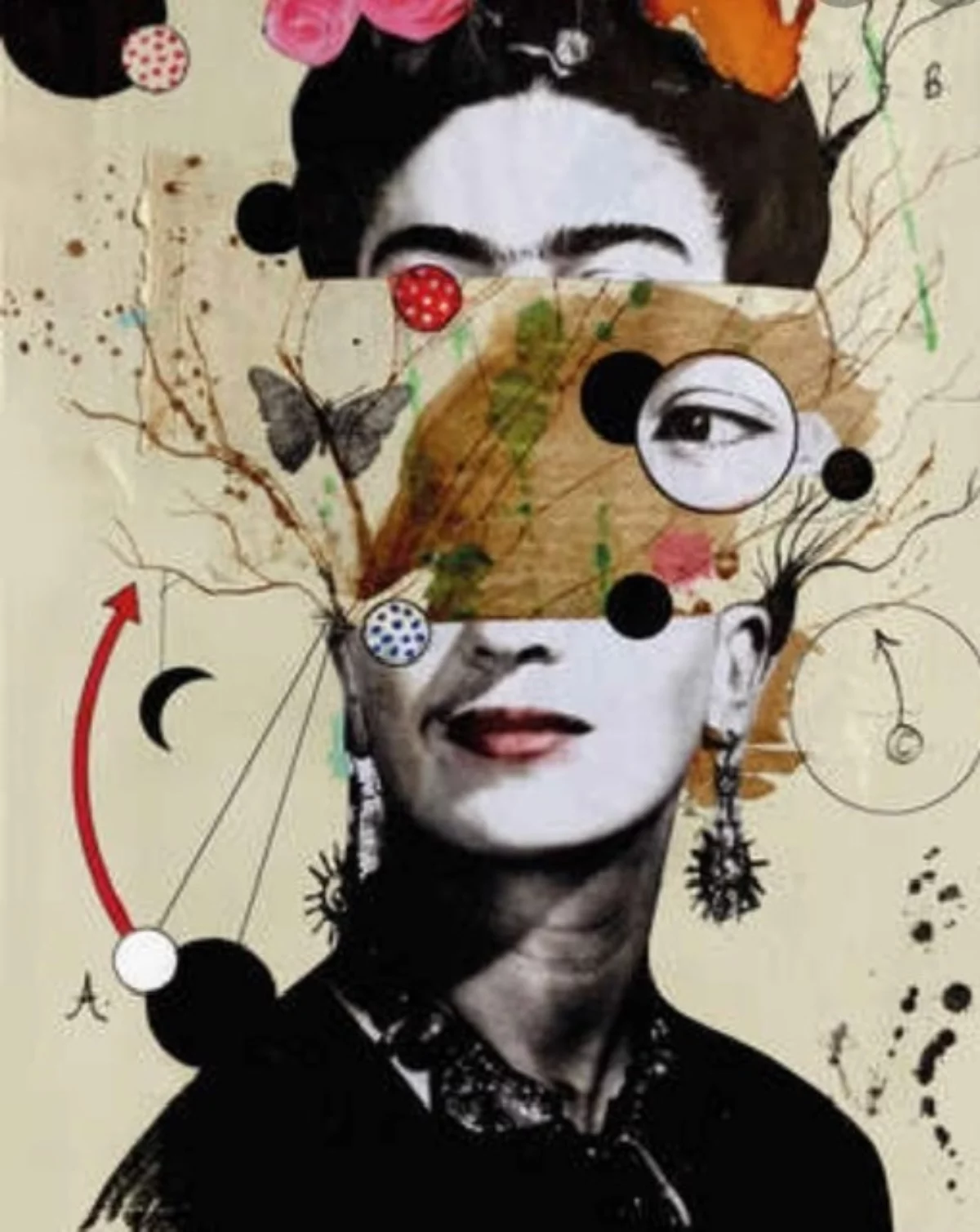 A collage of a print of a Frieda Kahlo portrait, the face is divided at the level of the nose. The upper part of the head pulled up further, so that between the upper and lower half of the head space is created, which is filled with print. From the lower part grow branches, on it sits a moth, colorful circles, as well as an eye of Kahlo.