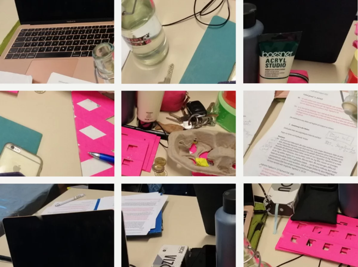 A collage of 9 photos. Arranged three by three. They show sections of a desk with laptop, smartphone, pen, paper cup holder, papers and paints.