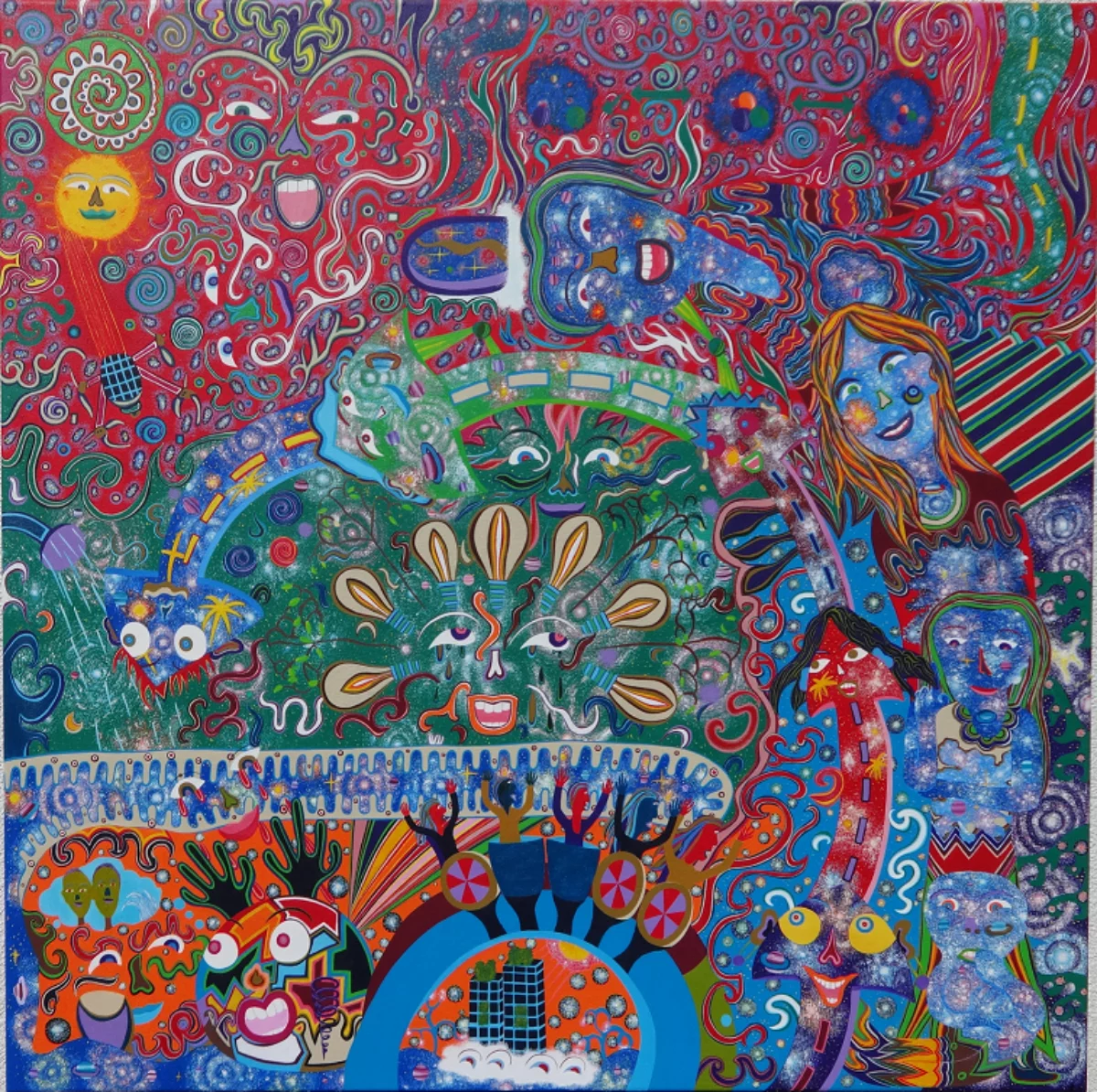 A painting. An interlocking of shapes from light bulbs, streets, a watering can, musical instruments, ornaments and faces alienated in the coloring.