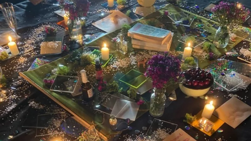 Ein Tisch auf dem eine rituelle Séance hergerichtet ist. Im Zentrum ein Tuch von dem ausgehend Bücher, Schalen mit Lebensmitteln, Kerzen und Gläser arrangiert sind.