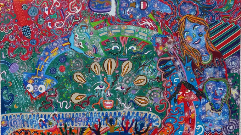 A painting. An interlocking of shapes from light bulbs, streets, a watering can, musical instruments, ornaments and faces alienated in the coloring.