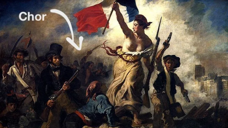 A painting depicts the French Revolution. Dead and injured people lie on the ground, with a bare-breasted woman waving the French flag above them. Behind her are armed men. An arrow is pointed at them, labeled "Choir".