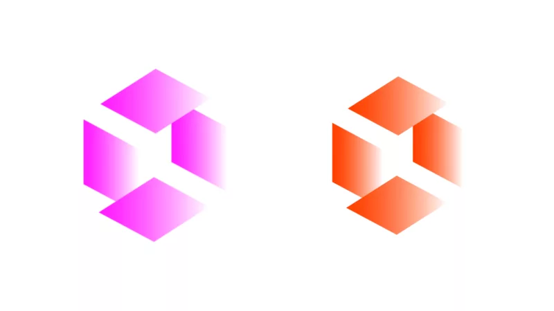 Zwei Logos der Artist Labs: Links eine pinke, geöffente Raute, rechts eine orange, geöffente Raute.