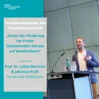 Portrait of Prof. Dr. Julius Heinicke at the lectern. On the left side of the picture there is a text field with information about his lecture: "Transformations of the Theater Landscape: Canons of Support for the Liberal Performing Arts at the Federal Level, Prof. Dr. Julius Heinicke and Johanna Kraft, University of Hildesheim.