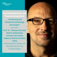 Portrait von Prof. Dr. Thomas Schmidt. Am linken Bildrand ist ein Textfeld mit Angaben zu seinem Vortrag abgebildet:"Transformationen der Theaterlandschaft: Förderungen von Theaterentwicklungsplanungen."