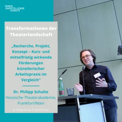 Portrait of Dr. Philipp Schulte at the lectern. On the left edge of the picture there is a text field with information about his lecture: "Transformationen der Theaterlandschaft - Recherche, Projekt, Konzept. Short- and medium-term funding of artistic work practice in comparison, Dr. Philipp Schulte, Hessische Theaterakademie Frankfurt/Main".