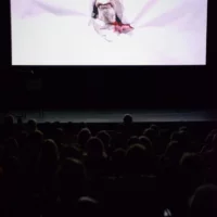 In the darkened room, the audience looks from packed rows onto a large screen on the stage. An excerpt from a puppet theater performance is shown.
