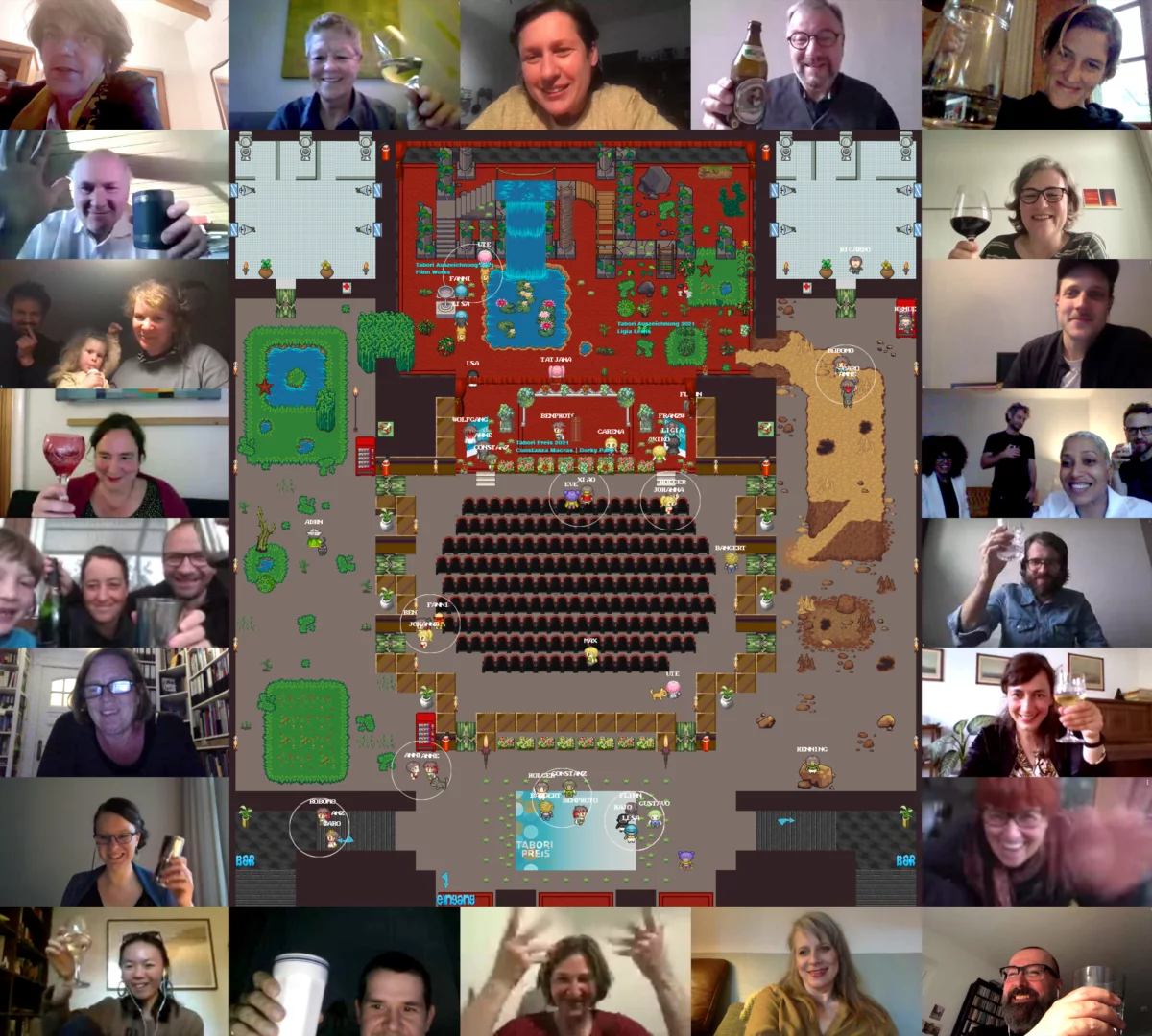 Around the graphics of the virtual event space of the after-show party, zoom tiles show the faces of various guests.