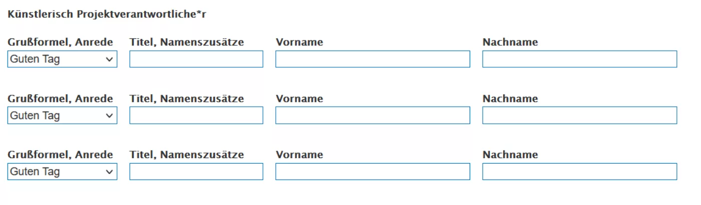 Screenshot aus der Antragsdatenbank: Für drei Personen gibt es jeweils folgende Felder: 1. Drop-Down zur Auswahl der gewünschten Grußformel, Anrede, 2. Titel, Namenszusätze, 3. Vorname, 4. Nachname.