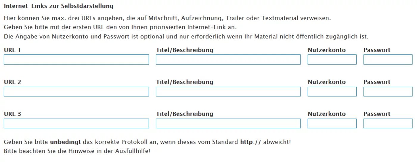 Screenshot aus der Antragsdatenbank. Es gibt für drei Internet-Links vier Felder: 1. URL 1, 2, Titel/Beschreibung, 3. Nutzerkonto, 4. Passwort