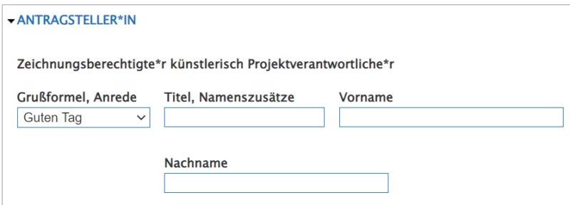 Screenshot of the fields to be filled in "Greeting/form of address", "Title/name additions", "First name" and "Last name" in the application database