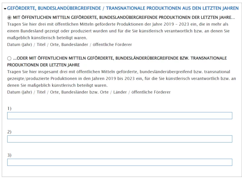 Screenshot from the application database. First of all, a selection has to be made: Are the productions transnational or transnational. Subsequently, 3 examples are to be mentioned.