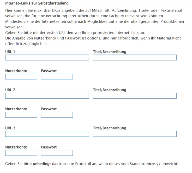 Screenshot of the fields to be filled in "URL", "Title/Description", "User account" and "Password" for up to three links in the application database