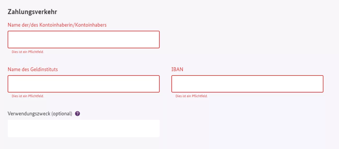 Bildschirmfoto der auszufüllenden Felder Kontoinhaber*in der Organisation, Name des Geldinstituts und IBAN
