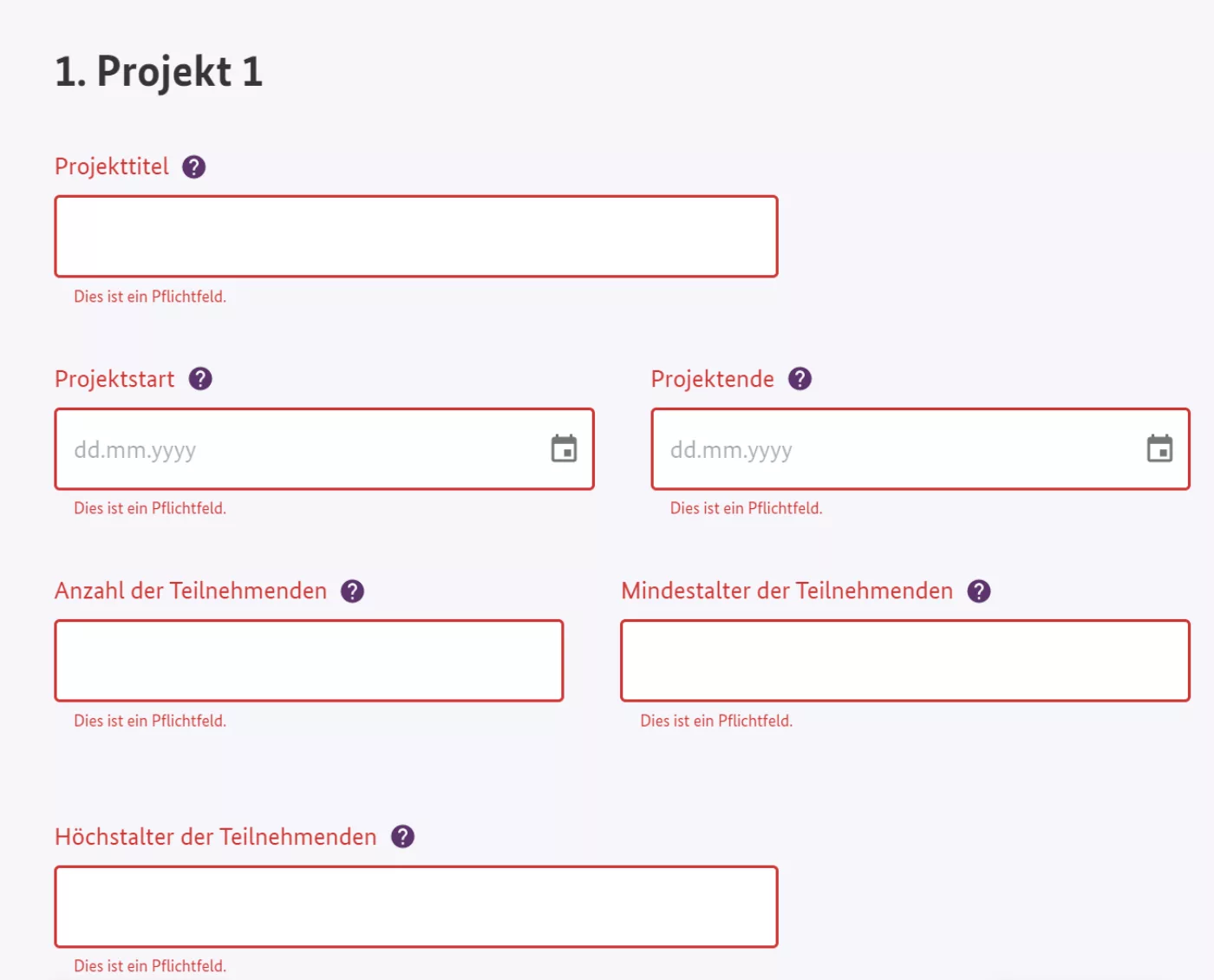 Bildschirmfoto der auszufüllenden Felder für das Projekt 1: Projekttitel, Projektstart und -ende, Anzahl der Teilnehmenden, Mindestalter der Teilnehmenden. Fortsetzung im nächsten Bild.