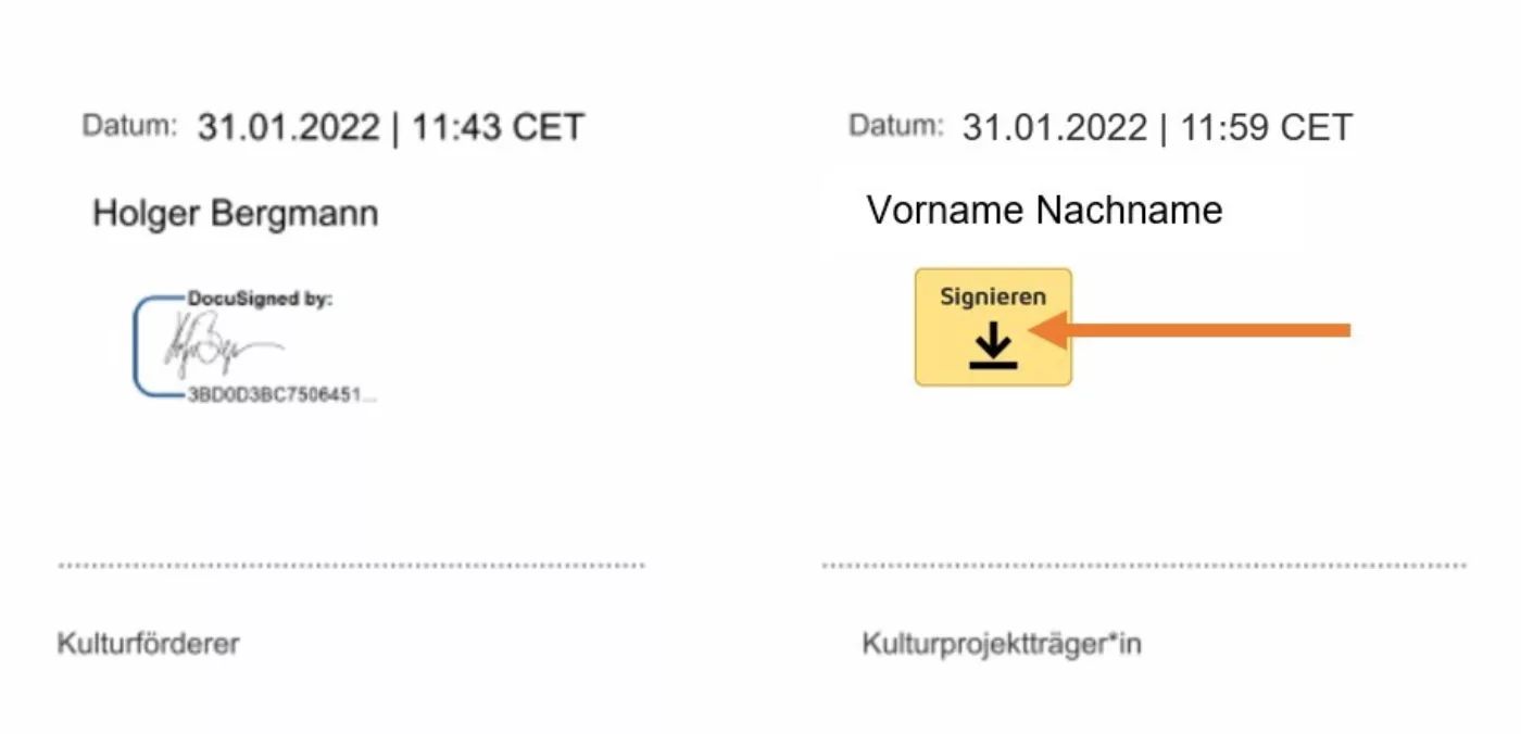Bildschirmfoto aus DocuSign: Unterschrift von Holger Bergmann als Kulturförderer ist mit entsprechendem Datum angegeben. Es gibt einen Signieren-Button, den die Antragstellenden betätigen müssen.