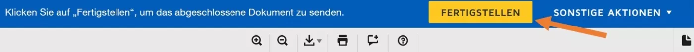 Bildschirmfoto aus DocuSign: Markiert ist der Fertigstellen-Button.