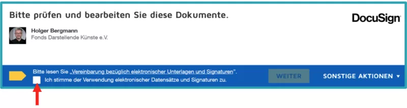 Bildschirmfoto aus DocuSign: anzuklickende Check-Box, um die Zustimmung der Verwendung elektronischer Datensätze und Signaturen zu geben.
