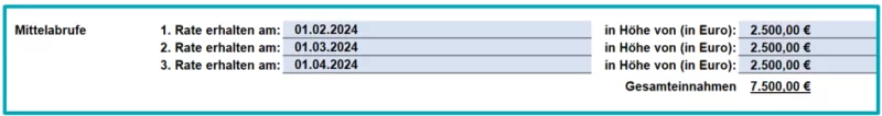 Screenshot aus dem Formular: Für jede der drei Raten muss das Datum der Auszahlung und die Höhe der Rate angegeben werden.