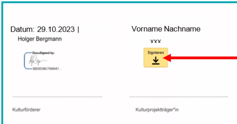 Screenshot aus DocuSign: Links Datum und Unterschrift von Holger Bergmann, rechts Vorname Nachname, darunter ein gelber Button mit der Beschriftung "Signieren"