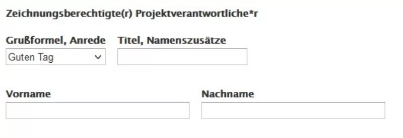 Screenshot of the fields to be filled in "Greeting, salutation", "Title, name additions", "First name" and "Last name" in the application database