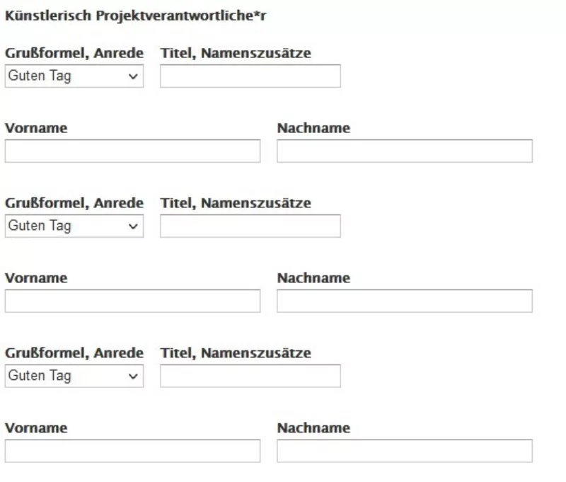 Bildschirmfoto der auszufüllenden Felder "Grußformel, Anrede", "Titel, Namenszusätze", "Vorname" und "Nachname" in der Antragsdatenbank für bis zu drei Personen