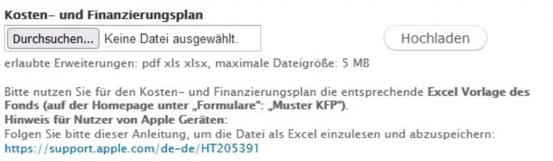 Screenshot of the upload option for the cost and financing plan in the application database
