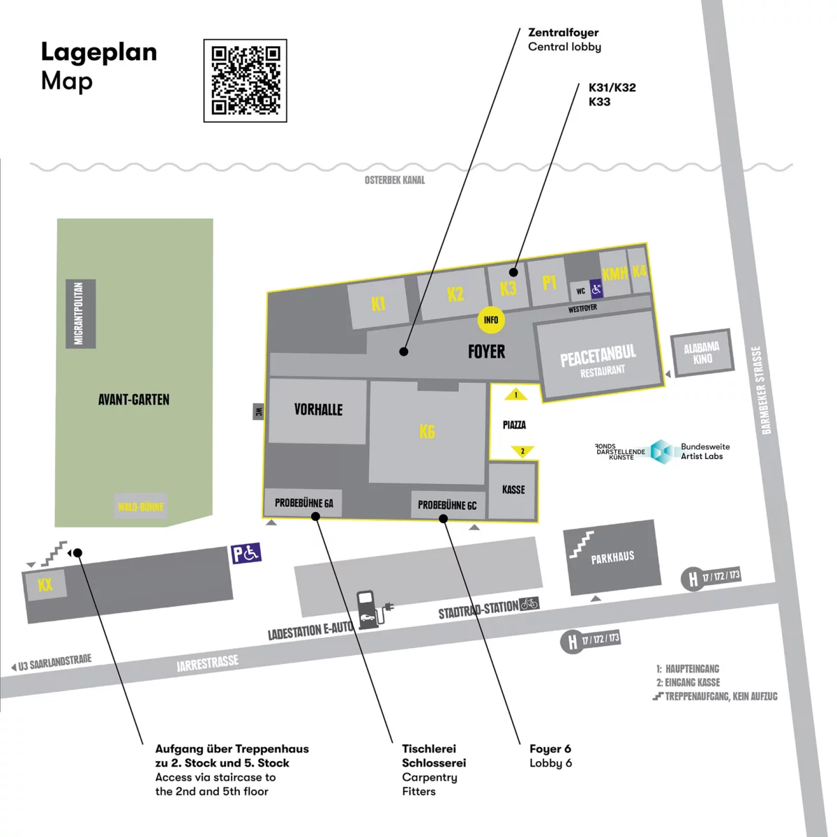 Schematische Zeichnung des Geländes und der Räume von Kampnagel. Im Zentralfoyer ist der Infostand und die Anmeldung zu finden.